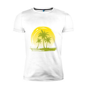 Мужская футболка премиум с принтом Райский уголок в Санкт-Петербурге, 92% хлопок, 8% лайкра | приталенный силуэт, круглый вырез ворота, длина до линии бедра, короткий рукав | Тематика изображения на принте: море | на море | пальмы | пляж | рай | райский отдых | райский уголок | райское наслаждение