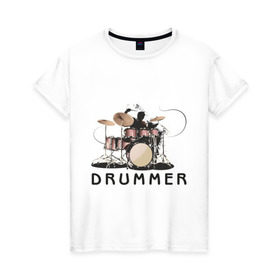 Женская футболка хлопок с принтом Drummer в Санкт-Петербурге, 100% хлопок | прямой крой, круглый вырез горловины, длина до линии бедер, слегка спущенное плечо | drummer | барабанщик | барабаны | драммер | ударник | ударные
