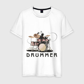 Мужская футболка хлопок с принтом Drummer в Санкт-Петербурге, 100% хлопок | прямой крой, круглый вырез горловины, длина до линии бедер, слегка спущенное плечо. | Тематика изображения на принте: drummer | барабанщик | барабаны | драммер | ударник | ударные