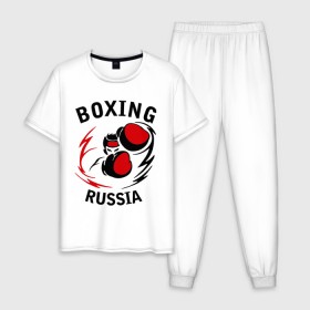 Мужская пижама хлопок с принтом Boxing russia forever в Санкт-Петербурге, 100% хлопок | брюки и футболка прямого кроя, без карманов, на брюках мягкая резинка на поясе и по низу штанин
 | 