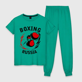 Женская пижама хлопок с принтом Boxing russia forever в Санкт-Петербурге, 100% хлопок | брюки и футболка прямого кроя, без карманов, на брюках мягкая резинка на поясе и по низу штанин | 