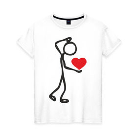 Женская футболка хлопок с принтом Человечек с сердцем (2) в Санкт-Петербурге, 100% хлопок | прямой крой, круглый вырез горловины, длина до линии бедер, слегка спущенное плечо | влюбленный | сердечко в руках | сердце | сердце в руках | человечек