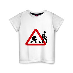 Детская футболка хлопок с принтом Хищный pacman в Санкт-Петербурге, 100% хлопок | круглый вырез горловины, полуприлегающий силуэт, длина до линии бедер | pacman | голодный колобок.пэкмен | дорожные знаки | пакмен | пешеход
