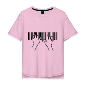 Мужская футболка хлопок Oversize с принтом Фортепиано штрихкод в Санкт-Петербурге, 100% хлопок | свободный крой, круглый ворот, “спинка” длиннее передней части | пианино | руки | фортепиано | штрих код | штрихкод