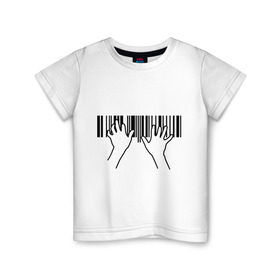 Детская футболка хлопок с принтом Фортепиано штрихкод в Санкт-Петербурге, 100% хлопок | круглый вырез горловины, полуприлегающий силуэт, длина до линии бедер | Тематика изображения на принте: пианино | руки | фортепиано | штрих код | штрихкод