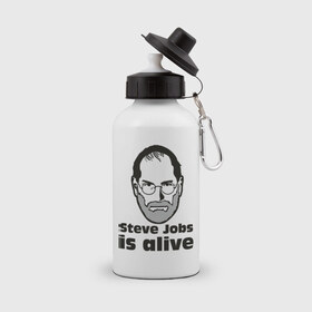 Бутылка спортивная с принтом Steve Jobs is alive (5) в Санкт-Петербурге, металл | емкость — 500 мл, в комплекте две пластиковые крышки и карабин для крепления | alive | apple | mac | steve jobs | жив | мак | стив джоббс | стив джобс | стив джопс | стивен джобс | эпл