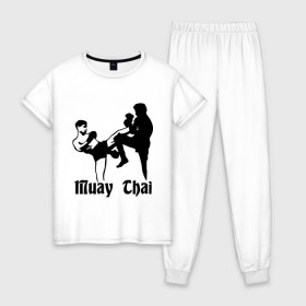 Женская пижама хлопок с принтом Muay Thai (2) в Санкт-Петербурге, 100% хлопок | брюки и футболка прямого кроя, без карманов, на брюках мягкая резинка на поясе и по низу штанин | муай тай