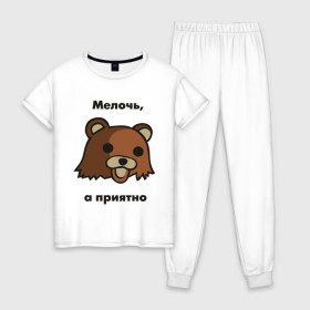 Женская пижама хлопок с принтом Мелочь а приятно в Санкт-Петербурге, 100% хлопок | брюки и футболка прямого кроя, без карманов, на брюках мягкая резинка на поясе и по низу штанин | pedobear | детведь | интернет мем | мелочь а приятно | педабир | педведь | педобер | педобир | педомедведь | педомедвеь | пидобир | чадомиша