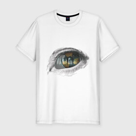 Мужская футболка премиум с принтом Глаз (3) в Санкт-Петербурге, 92% хлопок, 8% лайкра | приталенный силуэт, круглый вырез ворота, длина до линии бедра, короткий рукав | взгляд | глаз | знак радиации | отражение | радиактивность | радиация