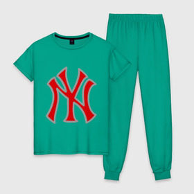 Женская пижама хлопок с принтом NY Yankees red в Санкт-Петербурге, 100% хлопок | брюки и футболка прямого кроя, без карманов, на брюках мягкая резинка на поясе и по низу штанин | baseball | major league basebal | mlb | ny | staten island | yankees | америка | бейсбол | бита | главная лига бейсбола | нью йорк янкиз | статен айленд | сша | янки