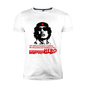 Мужская футболка премиум с принтом Kaddafi hero в Санкт-Петербурге, 92% хлопок, 8% лайкра | приталенный силуэт, круглый вырез ворота, длина до линии бедра, короткий рукав | kadafi | kaddafi | кадафи | каддафи | муамар каддафи