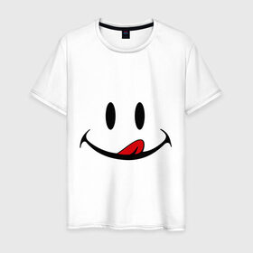 Мужская футболка хлопок с принтом Смайл язык в Санкт-Петербурге, 100% хлопок | прямой крой, круглый вырез горловины, длина до линии бедер, слегка спущенное плечо. | smile | рожица | смайл | улыбка | язык