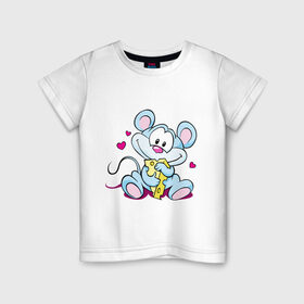Детская футболка хлопок с принтом Влюбленный в сыр мышенок (2) в Санкт-Петербурге, 100% хлопок | круглый вырез горловины, полуприлегающий силуэт, длина до линии бедер | мышка | мышонок | мышь | сыр