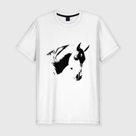 Мужская футболка премиум с принтом Лошадь черно-белая (5) в Санкт-Петербурге, 92% хлопок, 8% лайкра | приталенный силуэт, круглый вырез ворота, длина до линии бедра, короткий рукав | конь | лошадка | лошадь | лошадь черно белая