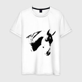 Мужская футболка хлопок с принтом Лошадь черно-белая (5) в Санкт-Петербурге, 100% хлопок | прямой крой, круглый вырез горловины, длина до линии бедер, слегка спущенное плечо. | Тематика изображения на принте: конь | лошадка | лошадь | лошадь черно белая