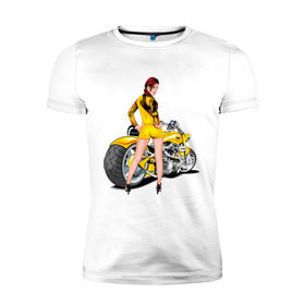 Мужская футболка премиум с принтом The excellent bike & sexy girl (2) в Санкт-Петербурге, 92% хлопок, 8% лайкра | приталенный силуэт, круглый вырез ворота, длина до линии бедра, короткий рукав | байк | девушка | для байкеров | красивая девушка | мото | мотоцикл | супер мотоцикл | супермотоцикл