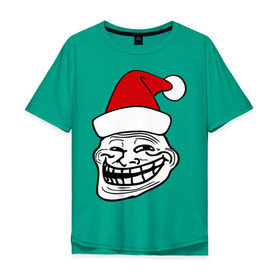 Мужская футболка хлопок Oversize с принтом Trollface в колпаке в Санкт-Петербурге, 100% хлопок | свободный крой, круглый ворот, “спинка” длиннее передней части | Тематика изображения на принте: troll face | колпак | новогодний | новый год | рожа | тролл фейс | тролль | тролфейс | троль