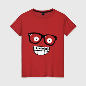 Женская футболка хлопок с принтом Ботаник в очках в Санкт-Петербурге, 100% хлопок | прямой крой, круглый вырез горловины, длина до линии бедер, слегка спущенное плечо | ботаник | брекеты | брекиты | в очках | заучка | зубы | очкарик | очки | улыбаться | улыбка