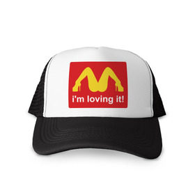 Кепка тракер с сеткой с принтом i\`m lovin\` it! в Санкт-Петербурге, трикотажное полотно; задняя часть — сетка | длинный козырек, универсальный размер, пластиковая застежка | Тематика изображения на принте: im lovin it | mcdonalds | быстрое питание | женские ноги | женщина | мак дональдс | макдональдс | ноги | фаст фуд | что я люблю