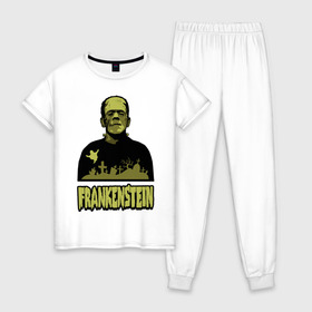 Женская пижама хлопок с принтом Франкенштейн (1) в Санкт-Петербурге, 100% хлопок | брюки и футболка прямого кроя, без карманов, на брюках мягкая резинка на поясе и по низу штанин | frankenstein | монстр | франкенштейн | чудище | чудовище