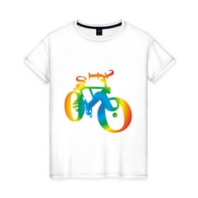 Женская футболка хлопок с принтом Велобуквы полноцвет в Санкт-Петербурге, 100% хлопок | прямой крой, круглый вырез горловины, длина до линии бедер, слегка спущенное плечо | Тематика изображения на принте: алфавит | буквы | велосипед