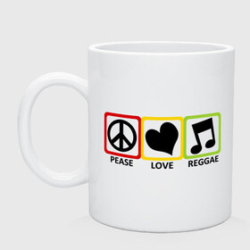 Кружка с принтом Peace, Love, Reggae в Санкт-Петербурге, керамика | объем — 330 мл, диаметр — 80 мм. Принт наносится на бока кружки, можно сделать два разных изображения | Тематика изображения на принте: reggae | знаки | люблю регги | любовь | меломан | наслажение | нота | регги