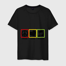 Мужская футболка хлопок с принтом Peace, Love, Reggae в Санкт-Петербурге, 100% хлопок | прямой крой, круглый вырез горловины, длина до линии бедер, слегка спущенное плечо. | reggae | знаки | люблю регги | любовь | меломан | наслажение | нота | регги