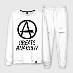 Мужской костюм хлопок с принтом Create anarchy в Санкт-Петербурге, 100% хлопок | на свитшоте круглая горловина, мягкая резинка по низу. Брюки заужены к низу, на них два вида карманов: два “обычных” по бокам и два объемных, с клапанами, расположенные ниже линии бедра. Брюки с мягкой трикотажной резинкой на поясе и по низу штанин. В поясе для дополнительного комфорта — широкие завязки | Тематика изображения на принте: heavy metal | metal | muse | pank | punk | rock | trash metal | альтернатива | анархия | квартет | лица | метал | панк | рок | рок группа | рок группы | трэш метал | хеви метал