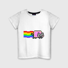 Детская футболка хлопок с принтом Nyan Cat в Санкт-Петербурге, 100% хлопок | круглый вырез горловины, полуприлегающий силуэт, длина до линии бедер | nyan cat | интернет приколы | кошка | нян кэт