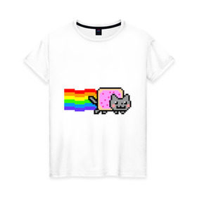 Женская футболка хлопок с принтом Nyan Cat в Санкт-Петербурге, 100% хлопок | прямой крой, круглый вырез горловины, длина до линии бедер, слегка спущенное плечо | nyan cat | интернет приколы | кошка | нян кэт