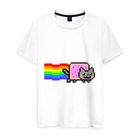 Мужская футболка хлопок с принтом Nyan Cat в Санкт-Петербурге, 100% хлопок | прямой крой, круглый вырез горловины, длина до линии бедер, слегка спущенное плечо. | nyan cat | интернет приколы | кошка | нян кэт