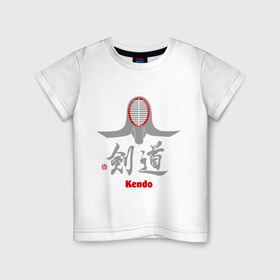Детская футболка хлопок с принтом Кендо маска иероглиф в Санкт-Петербурге, 100% хлопок | круглый вырез горловины, полуприлегающий силуэт, длина до линии бедер | Тематика изображения на принте: kendo | иероглиф | кендо | кендо иероглиф | лого | маска