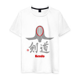 Мужская футболка хлопок с принтом Кендо маска иероглиф в Санкт-Петербурге, 100% хлопок | прямой крой, круглый вырез горловины, длина до линии бедер, слегка спущенное плечо. | kendo | иероглиф | кендо | кендо иероглиф | лого | маска