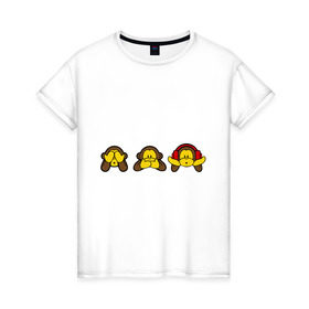 Женская футболка хлопок с принтом три обезьяны в Санкт-Петербурге, 100% хлопок | прямой крой, круглый вырез горловины, длина до линии бедер, слегка спущенное плечо | Тематика изображения на принте: животные | макаки | обезьяна | обязьяны | шимпонзде