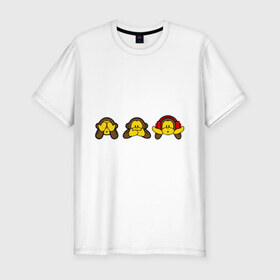 Мужская футболка премиум с принтом три обезьяны в Санкт-Петербурге, 92% хлопок, 8% лайкра | приталенный силуэт, круглый вырез ворота, длина до линии бедра, короткий рукав | животные | макаки | обезьяна | обязьяны | шимпонзде