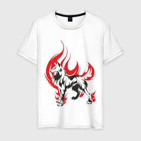 Мужская футболка хлопок с принтом волк в огне в Санкт-Петербурге, 100% хлопок | прямой крой, круглый вырез горловины, длина до линии бедер, слегка спущенное плечо. | dog | wolf | волк | горящий волк | огонь | пламя | собака | узор