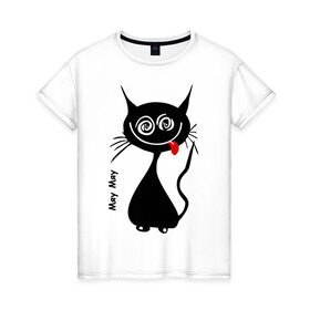 Женская футболка хлопок с принтом Кошка Мяу в Санкт-Петербурге, 100% хлопок | прямой крой, круглый вырез горловины, длина до линии бедер, слегка спущенное плечо | кот | котенок | котик | кошка | кошка мяу | мяу | черная кошка | черный кот