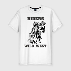 Мужская футболка премиум с принтом riders wild west в Санкт-Петербурге, 92% хлопок, 8% лайкра | приталенный силуэт, круглый вырез ворота, длина до линии бедра, короткий рукав | всадник | дикий запад | ездок | ковбой | лошадь | наездник | револьвер | стрелок | стрелять | техас