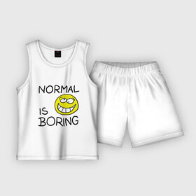 Детская пижама с шортами хлопок с принтом Normal is boring (Обыденность это скучно) в Санкт-Петербурге,  |  | Тематика изображения на принте: normal is boring | smile | обыденность это скучно | позитив | смайл | смайлик | смайлы