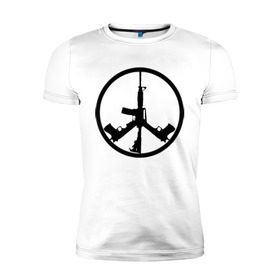 Мужская футболка премиум с принтом Мир из оружия в Санкт-Петербурге, 92% хлопок, 8% лайкра | приталенный силуэт, круглый вырез ворота, длина до линии бедра, короткий рукав | Тематика изображения на принте: автомат | ак | знак | мир | оружие | пацифика | пистолет | символ мираб ак 47
