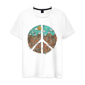 Мужская футболка хлопок с принтом Мир (Peace) в Санкт-Петербурге, 100% хлопок | прямой крой, круглый вырез горловины, длина до линии бедер, слегка спущенное плечо. | Тематика изображения на принте: хиппи