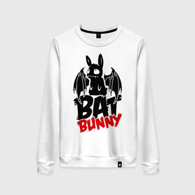 Женский свитшот хлопок с принтом Bat bunny в Санкт-Петербурге, 100% хлопок | прямой крой, круглый вырез, на манжетах и по низу широкая трикотажная резинка  | bat | bat bunny | batbunny | бэт | бэтбани | бэтбанни | летучая мышь