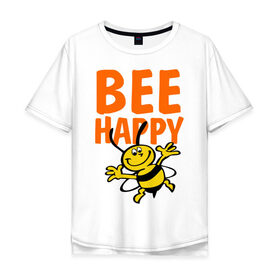 Мужская футболка хлопок Oversize с принтом BeeHappy в Санкт-Петербурге, 100% хлопок | свободный крой, круглый ворот, “спинка” длиннее передней части | веселая | насекомое | настроение | позитив | пчела | пчелка | счастливый | счастье | эмоции