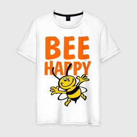 Мужская футболка хлопок с принтом BeeHappy в Санкт-Петербурге, 100% хлопок | прямой крой, круглый вырез горловины, длина до линии бедер, слегка спущенное плечо. | Тематика изображения на принте: веселая | насекомое | настроение | позитив | пчела | пчелка | счастливый | счастье | эмоции