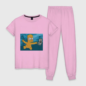 Женская пижама хлопок с принтом Nevermind (Simpsons) в Санкт-Петербурге, 100% хлопок | брюки и футболка прямого кроя, без карманов, на брюках мягкая резинка на поясе и по низу штанин | nevermind | nevermind simpsons | nirvana | nirvana nevermind | rock | simpsons | нирвана | нирвана nevermind | нирвана симпсонс | ребенок | рок | символика nirvana | символика нирвана | симпсонс