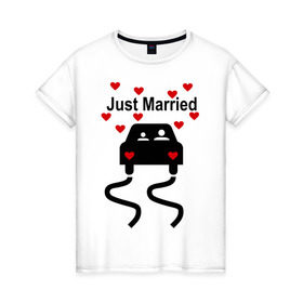 Женская футболка хлопок с принтом Молодожены в машине в Санкт-Петербурге, 100% хлопок | прямой крой, круглый вырез горловины, длина до линии бедер, слегка спущенное плечо | брак | жена | жениться | жених | любовь | муж | невеста | свадьба | семья | сердечки | сердца | супруга