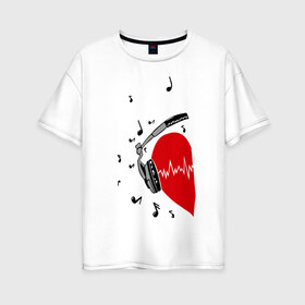 Женская футболка хлопок Oversize с принтом Сердце в наушниках на двоих в Санкт-Петербурге, 100% хлопок | свободный крой, круглый ворот, спущенный рукав, длина до линии бедер
 | влюбленным | вместе | для влюбленных | звуки | любовь | музыка | наушники | отношения | парные | пульс | сердце