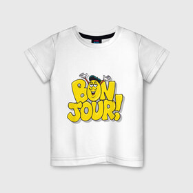 Детская футболка хлопок с принтом Bonjour - Привет! в Санкт-Петербурге, 100% хлопок | круглый вырез горловины, полуприлегающий силуэт, длина до линии бедер | Тематика изображения на принте: bon jour | бон жур | смайл | француз