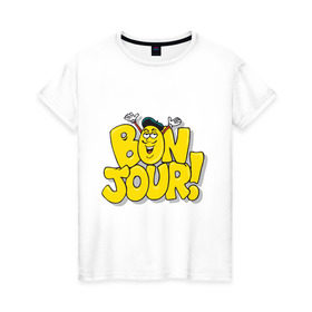 Женская футболка хлопок с принтом Bonjour - Привет! в Санкт-Петербурге, 100% хлопок | прямой крой, круглый вырез горловины, длина до линии бедер, слегка спущенное плечо | bon jour | бон жур | смайл | француз