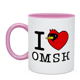 Кружка двухцветная с принтом I love Omsk (Я люблю Омск) в Санкт-Петербурге, керамика | объем — 330 мл, диаметр — 80 мм. Цветная ручка и кайма сверху, в некоторых цветах — вся внутренняя часть | i love omsk | город | омич | омская птица | птица | я люблю омск